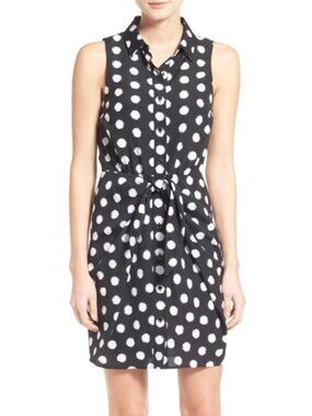 Michael Kors Black White Polka Dot Shirt Dress Sleeveless Tie Waist Derby